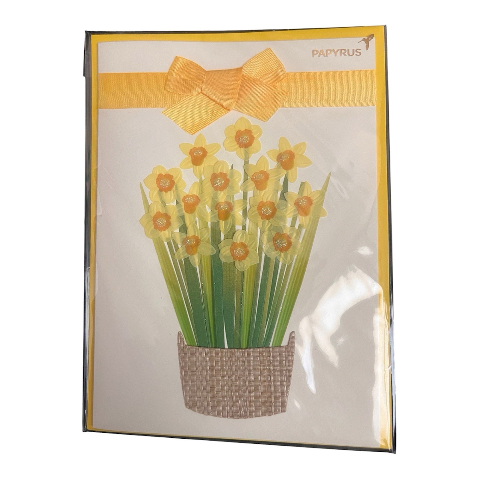 NEW Papyrus Easter Card Daffodils Yellow Embellished 3D Bow Spring Flowers