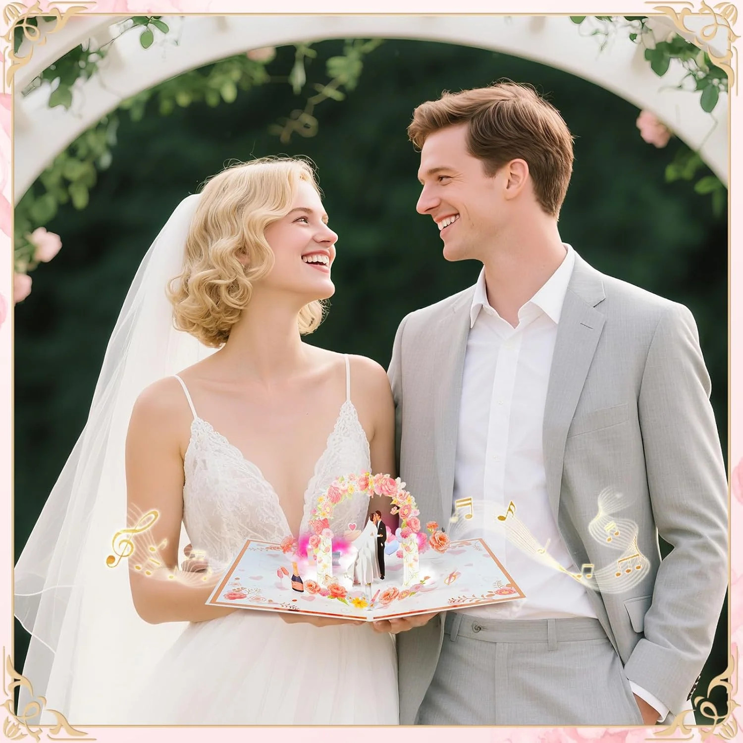3D Pop Up Wedding Card with Music and Lights, Romantic Card for Bride and Groom