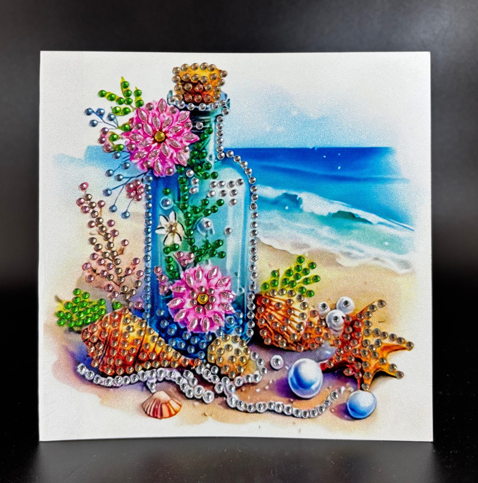 Diamond Art Greeting Card Blank Inside Beach Shell Flower Bottle All Occasion