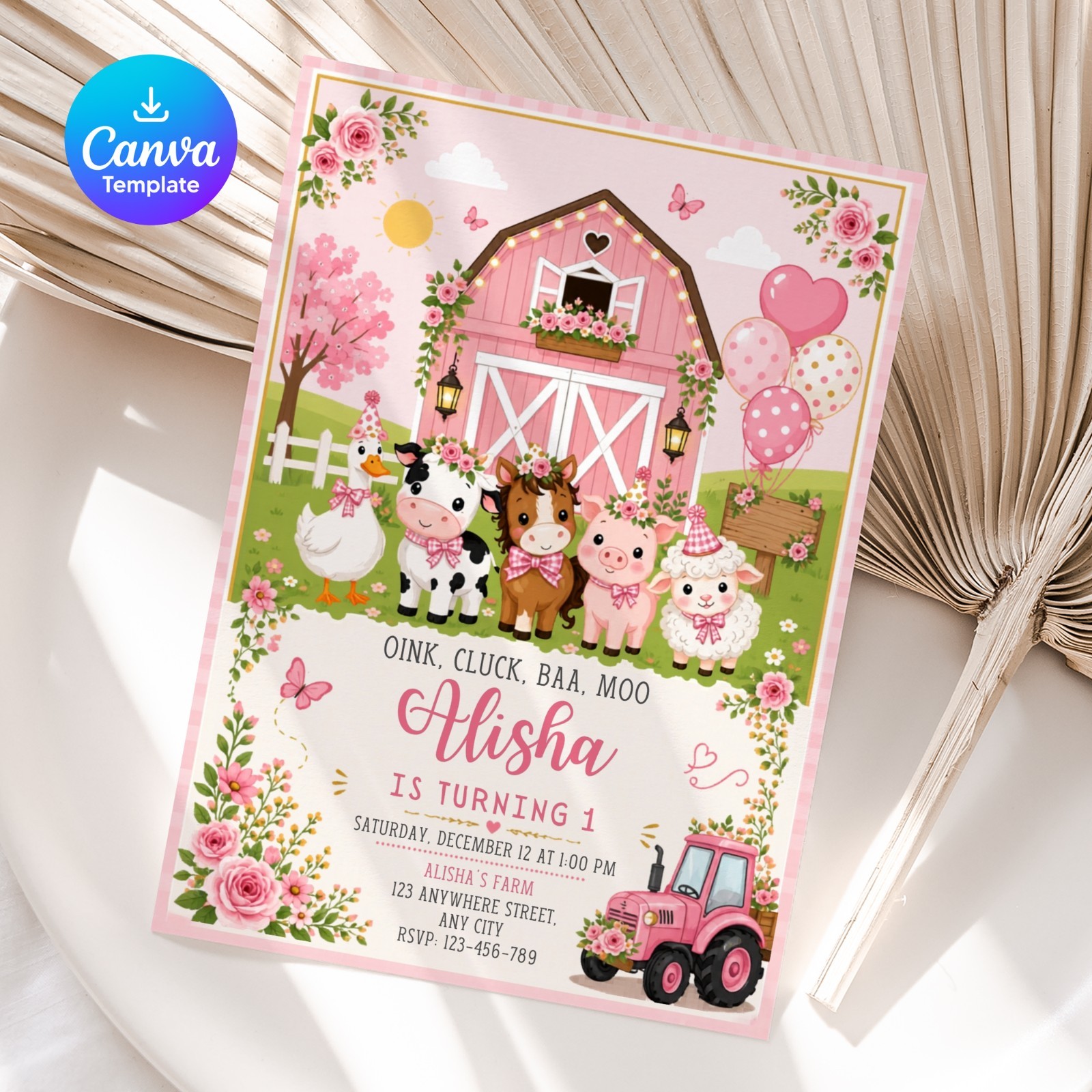 Farm Animals Birthday Invitation Editable Canva Template Printable 5×7