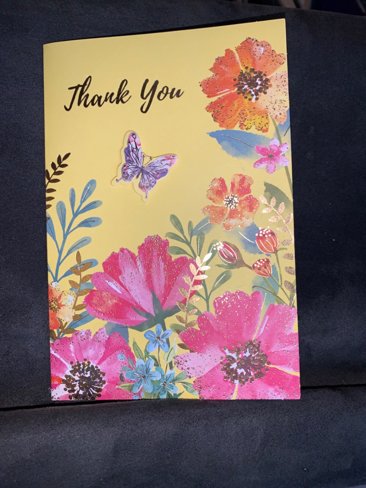 Thank You Card Floral Gold Butterfly Garden