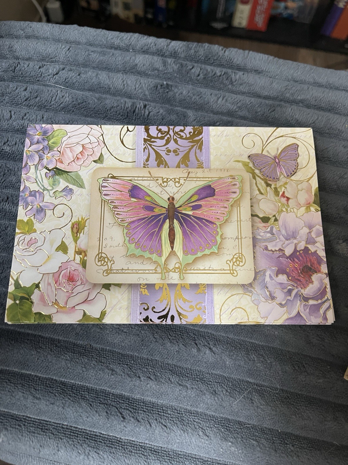 Punch Studio Set of 5 Purple Butterfly/Floral Folio Vtg Style Cards&Envelopes