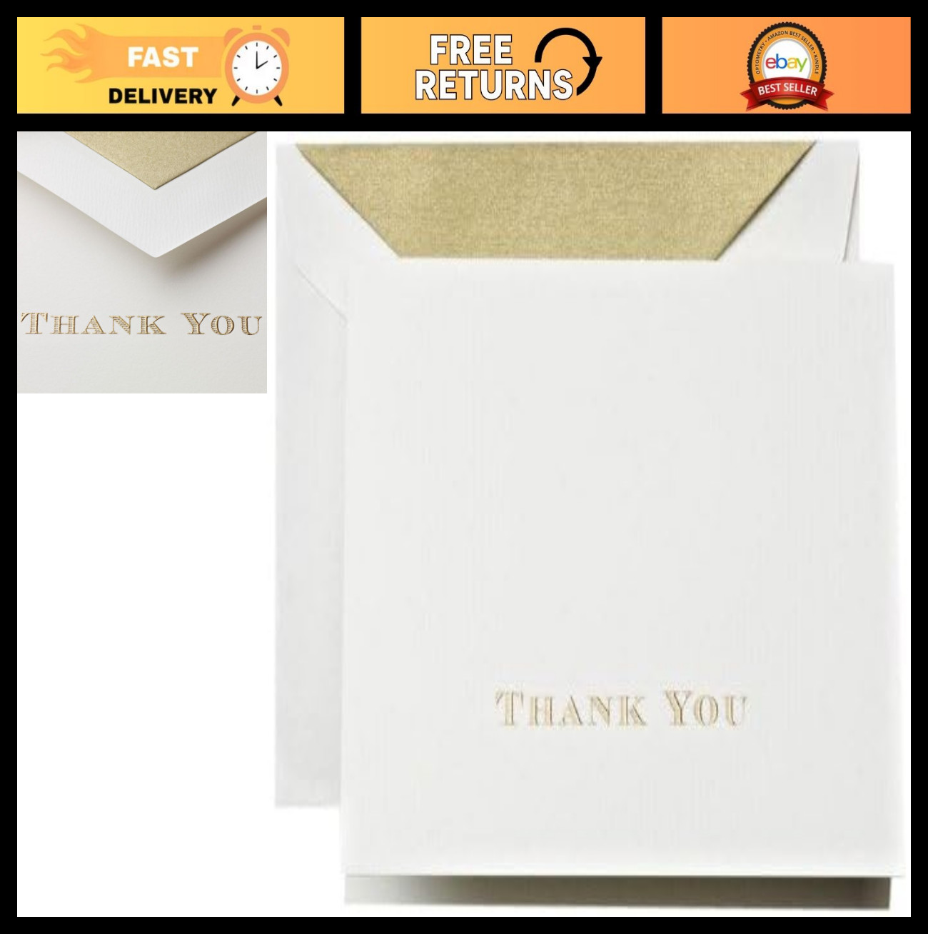 Elegant Gold Hand Engraved Thank You Notes, 100% Cotton Pearl White, 25-Count Se
