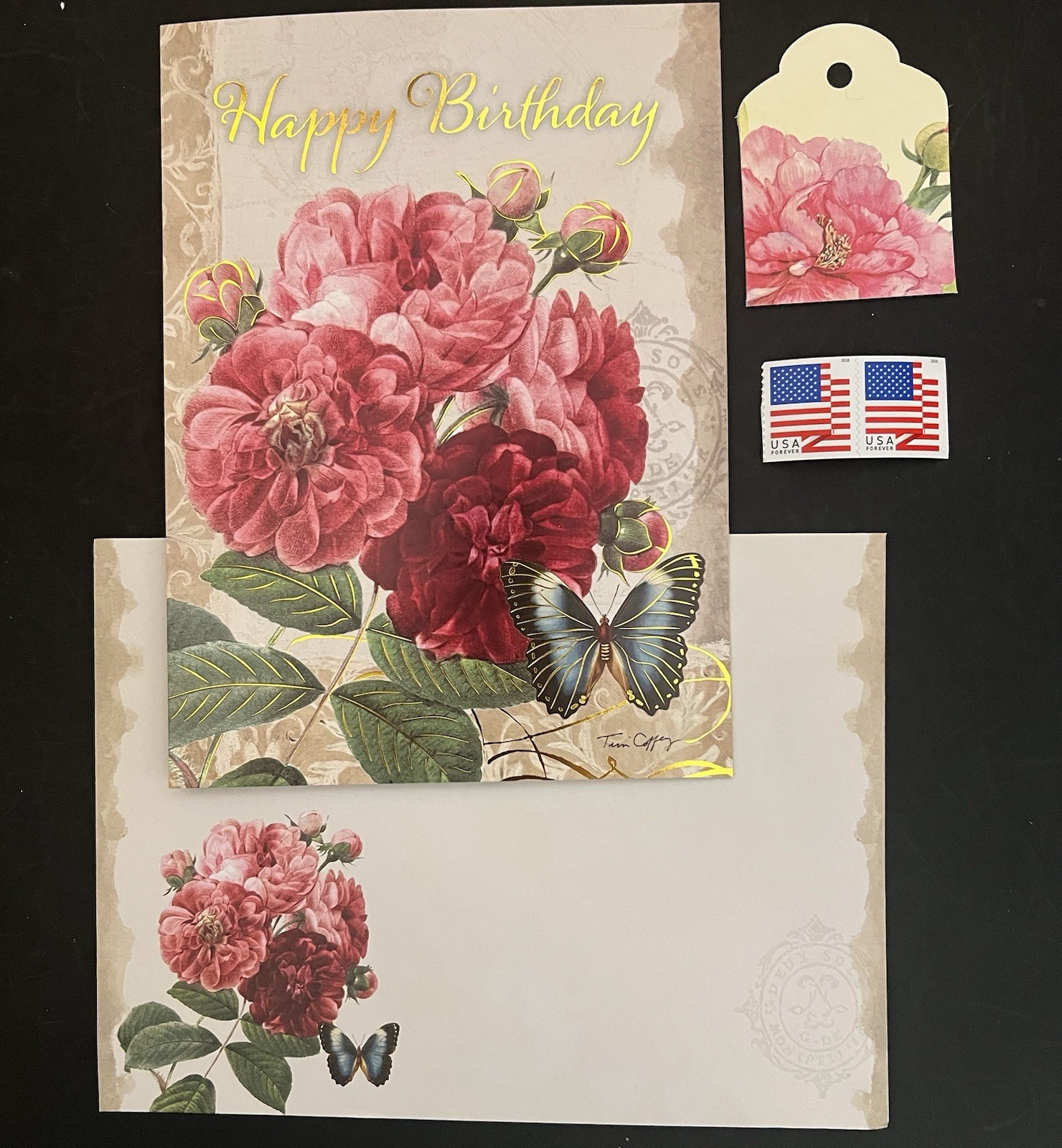 Vintage Red Pink Roses Birthday Art Card by Tim Coffey Env/Gift Tag/Stamps BN
