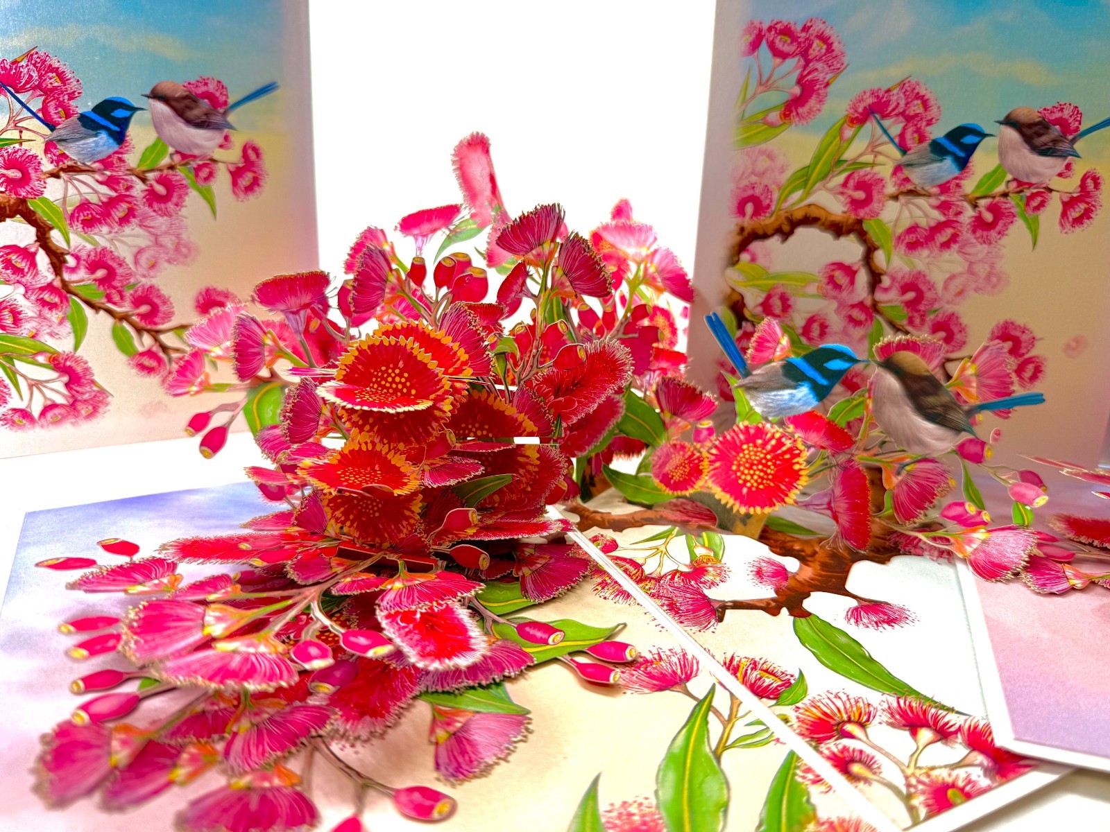 Australian Pink Native Gumnut Blossom Garden with Blue Fairy-Wrens 3D Pop Card
