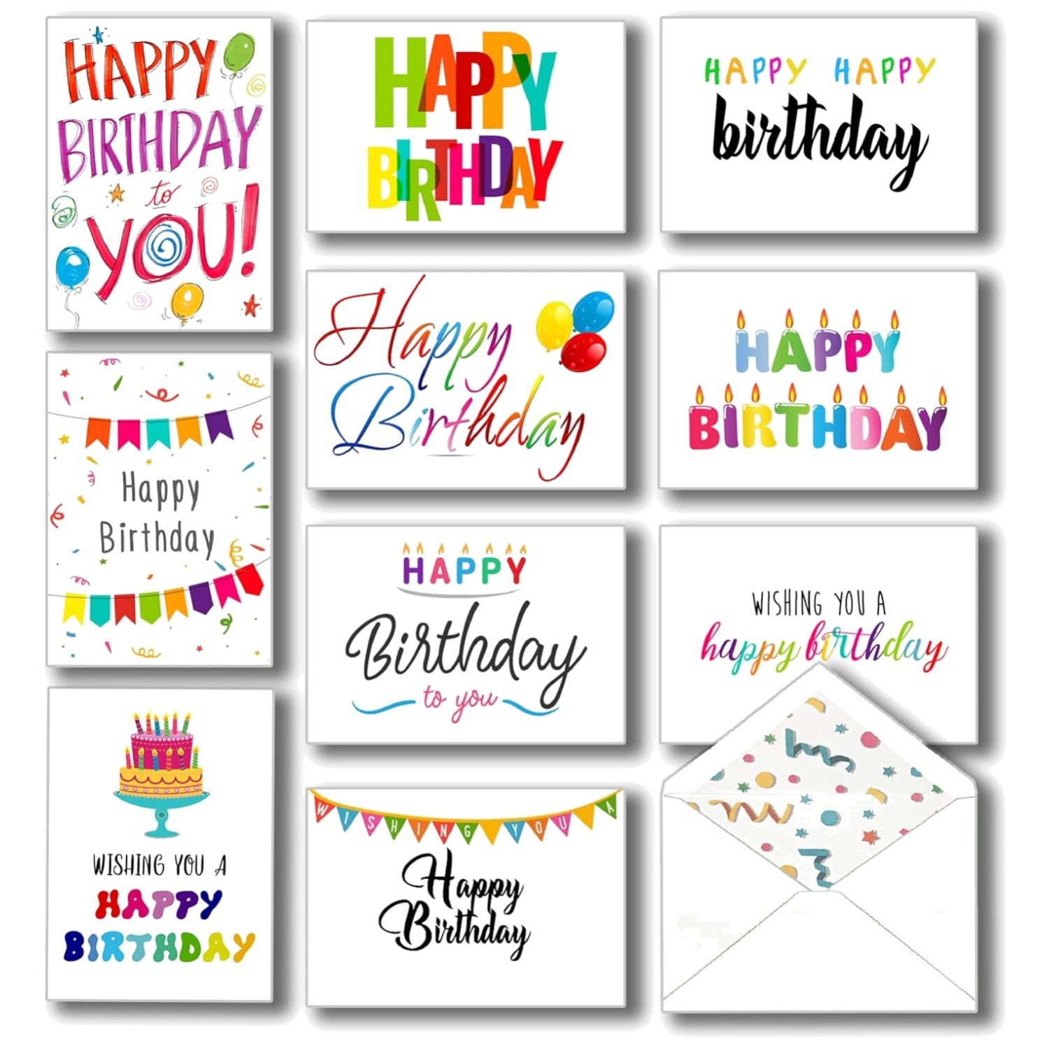 Bulk Happy Birthday Greeting Cards Set – 10 Designs