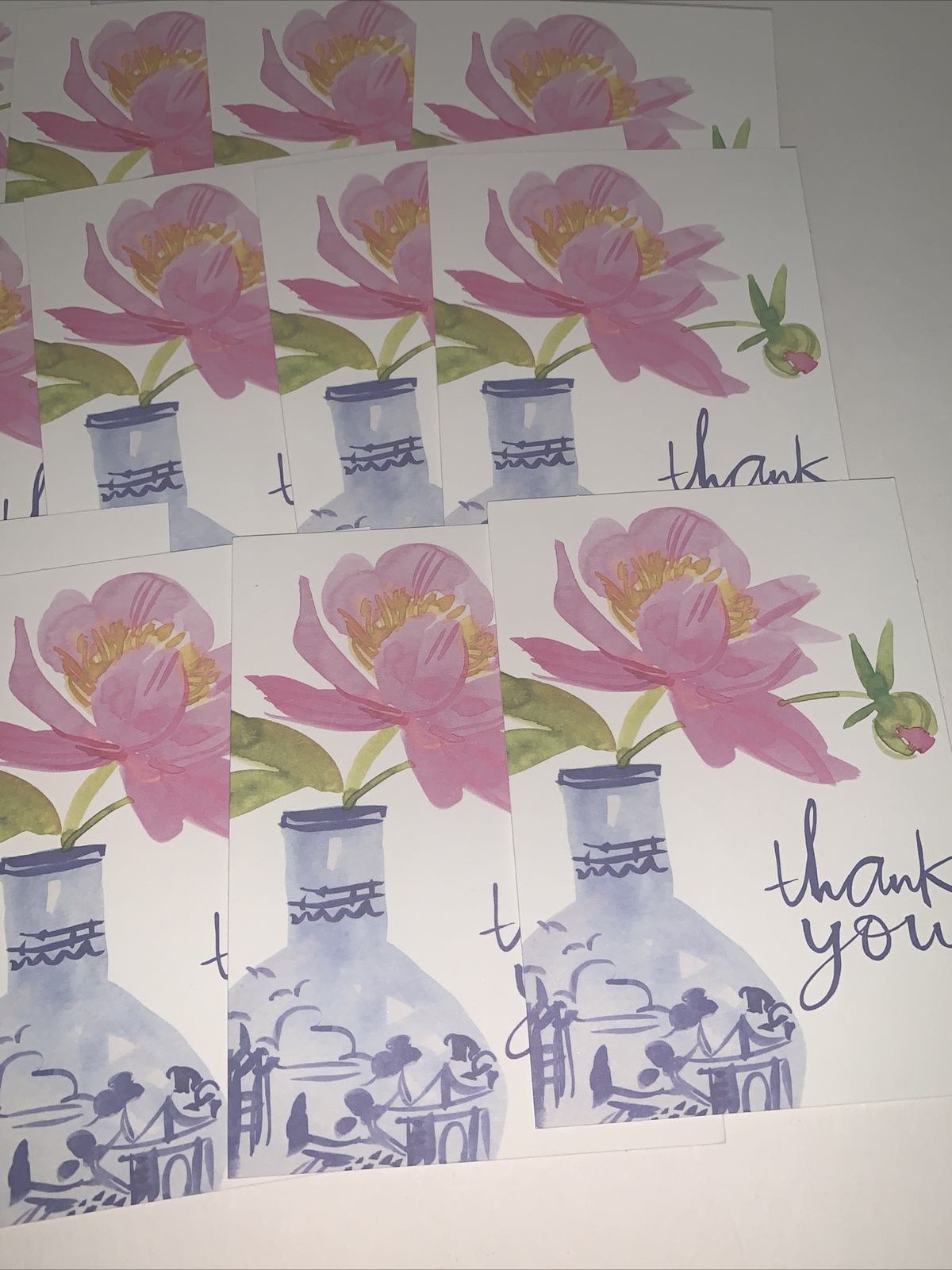 (12) Hallmark Thank You Blank Note Card: Watercolor Pink Flower In Blue Vase
