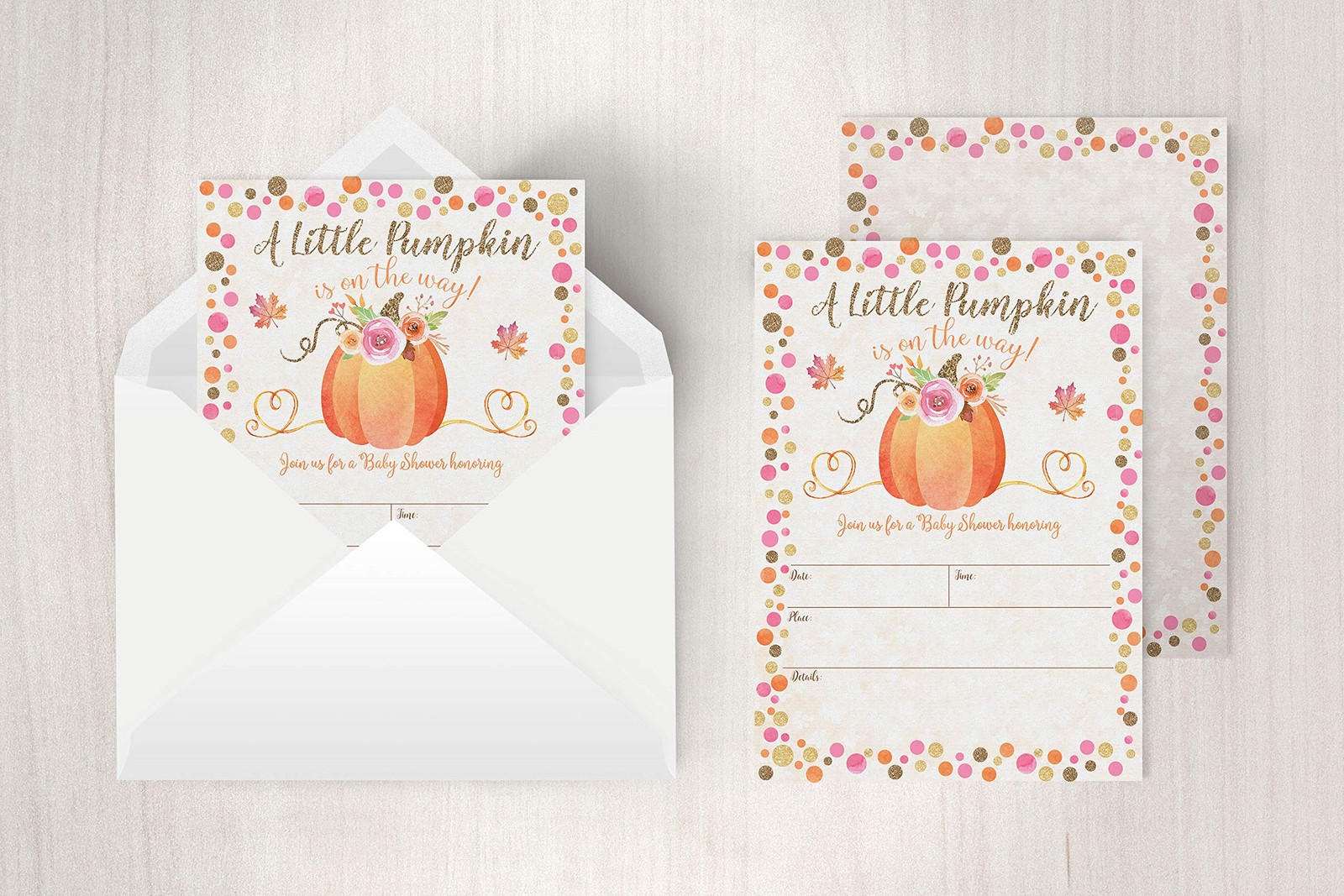 Pumpkin Fall Baby Shower Invitations A7 Envelope Autumn Floral Cards 20 PCS