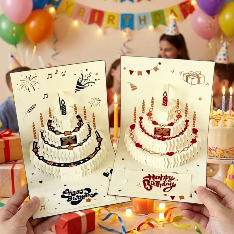 Blue 3D Pop Up Birthday Cake Cards Foldable Greeting Card for Kids Adults