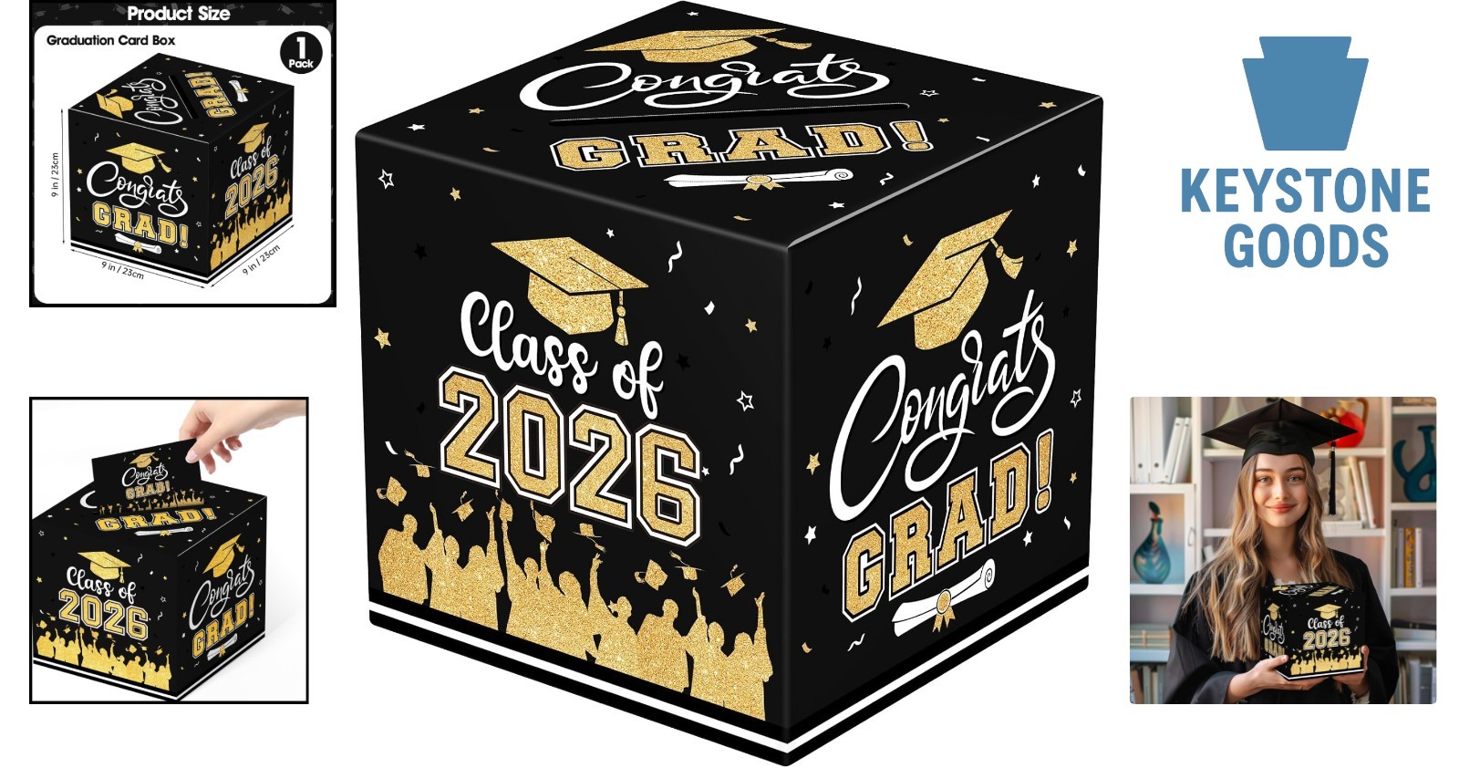 Black & Gold Graduation Card Box 2026, 9x9x9 inches, Class of 2026 Gift Organ…