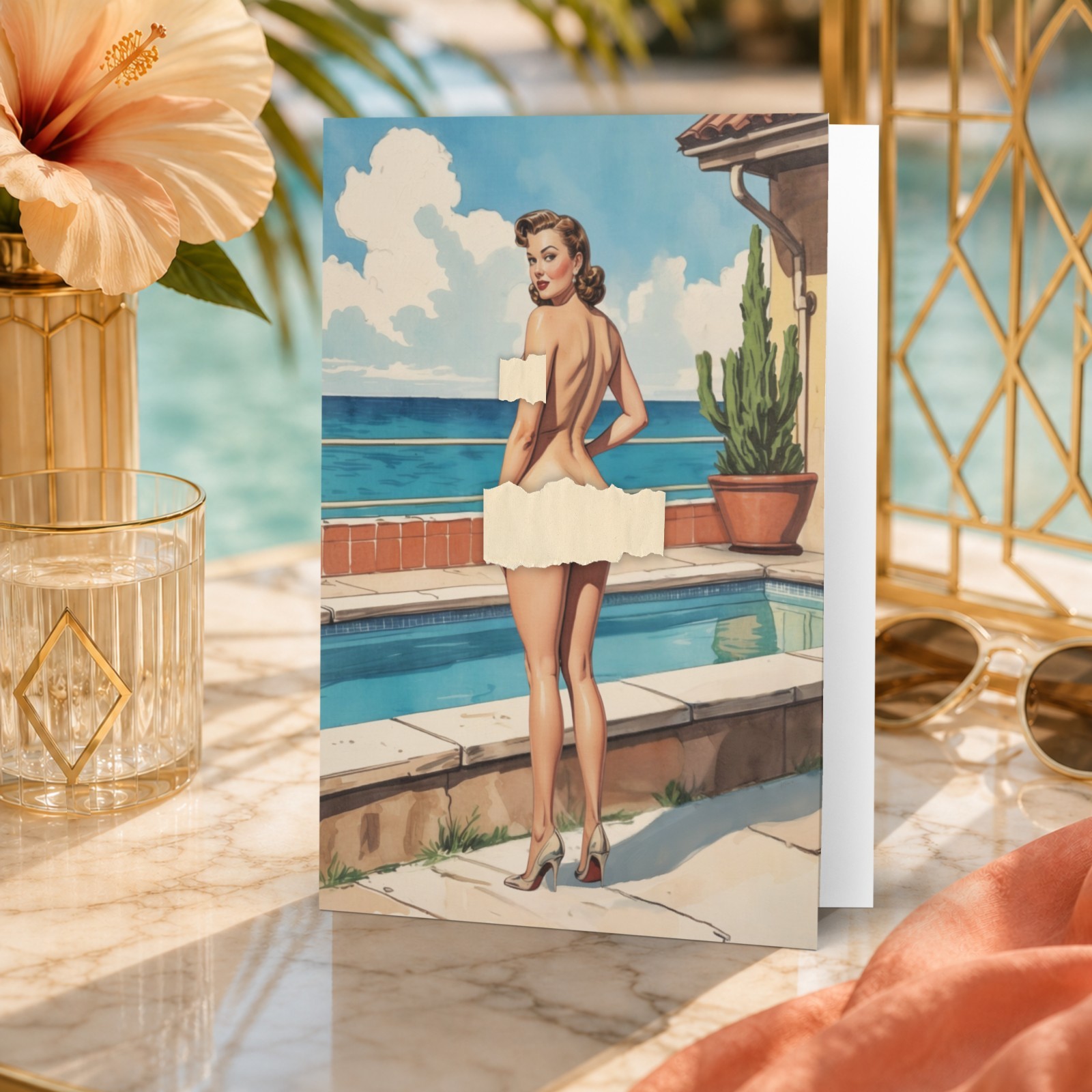 Vintage Style Female Artistic Greeting Card: Poolside Woman Art Deco Figure Art