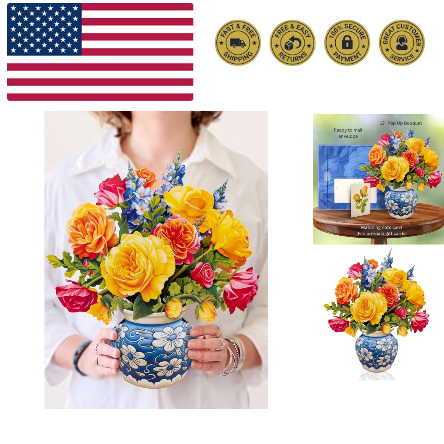 Pop Up Cards, Sorbet Roses, 12 Inch Life Sized Forever Flower Bouquet 3D Popu…