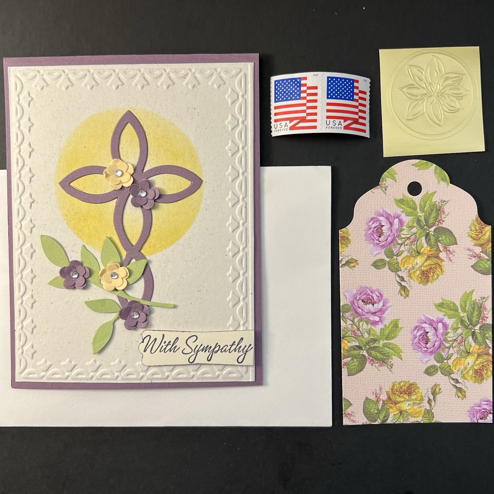 Handmade “With Sympathy” Floral Cross 3D Card +Gift Tag/Env/Seal/Stamps BN