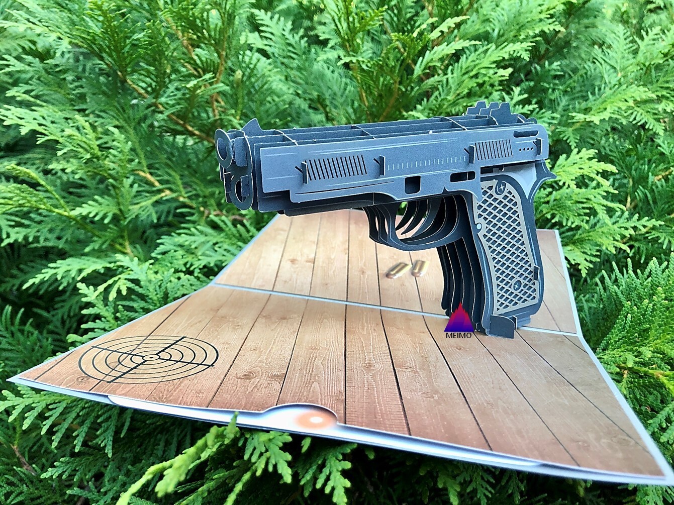 3D Pop Up Greeting Card Gun Pistol Handgun Handmade Birthday Sports Party Gift