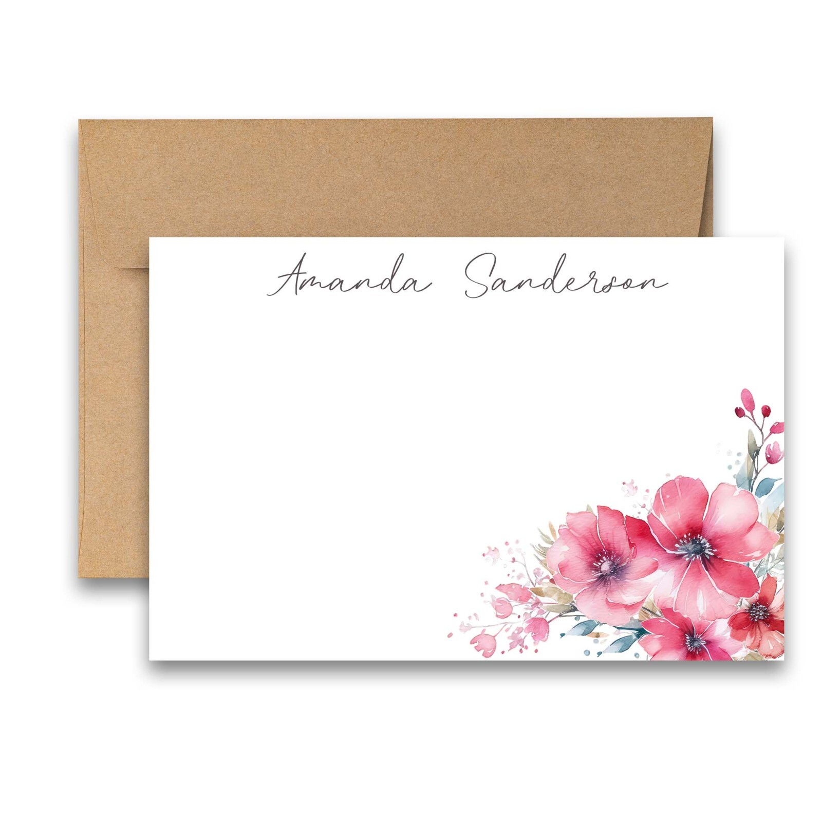 PERSONALIZED – 12 Flat Note cards Floral Stationery with Envelopes – Pink Flower