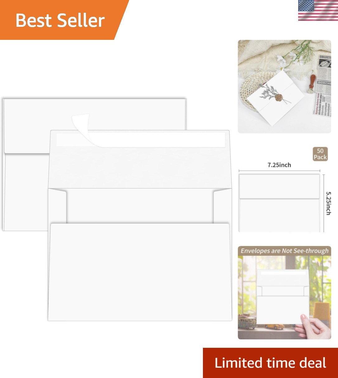 50 Packs White A7 Envelopes, 5×7 Envelopes for Invitations, Self Seal for Wed…