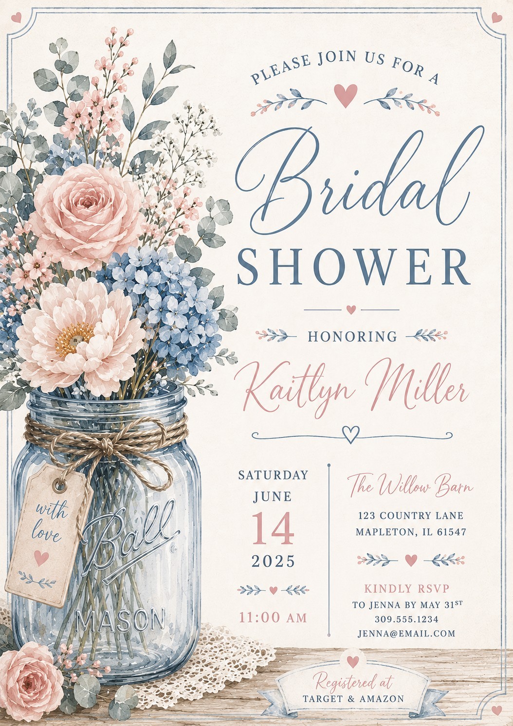 Printed Bridal Shower Invitations 25 w/ Envelopes | Rustic Mason Jar Floral