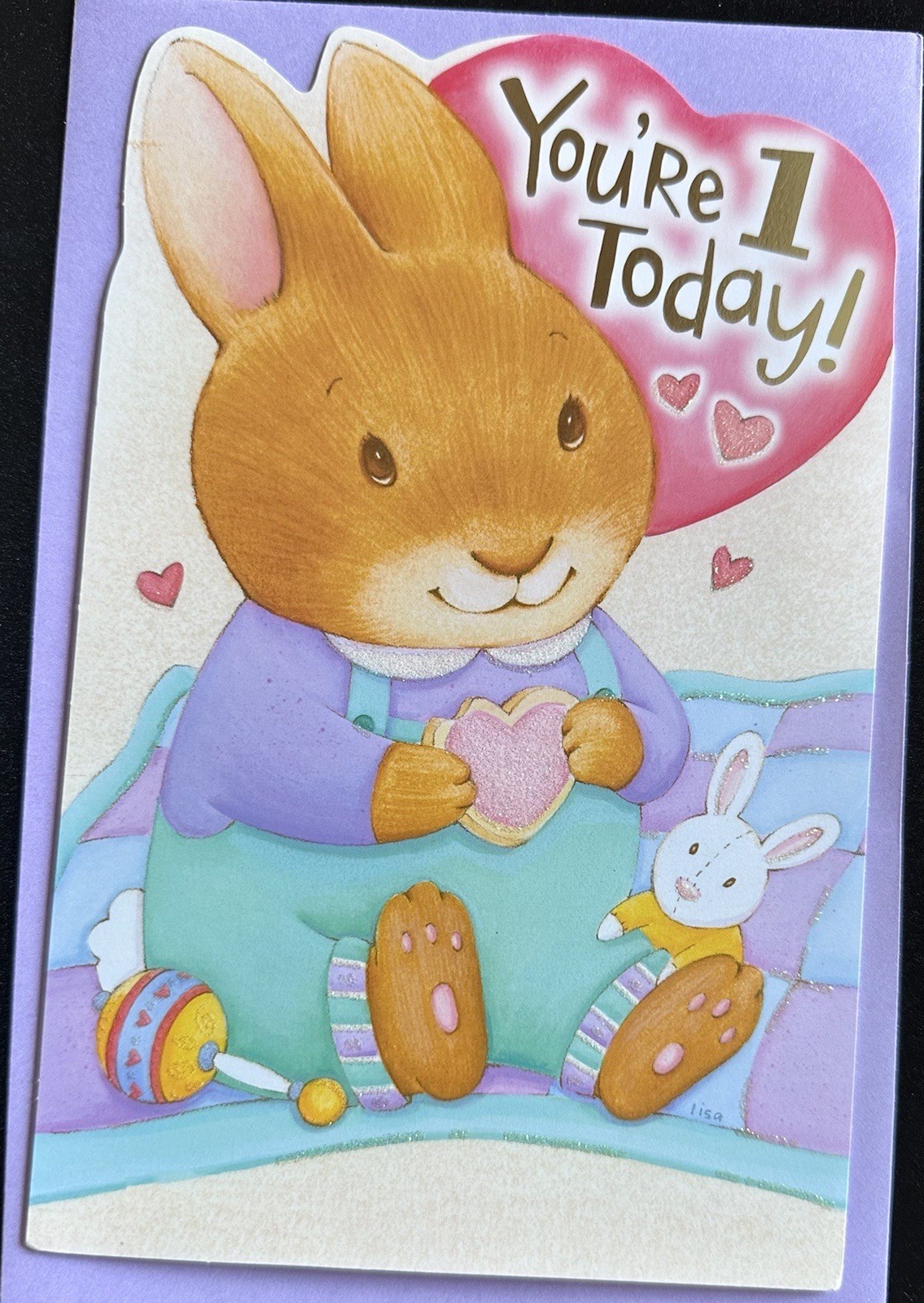 * HAPPY 1ST BIRTHDAY GREETING CARD * BUNNY/ ADORABLE /BABY / EMBELLISHED / FOLDS