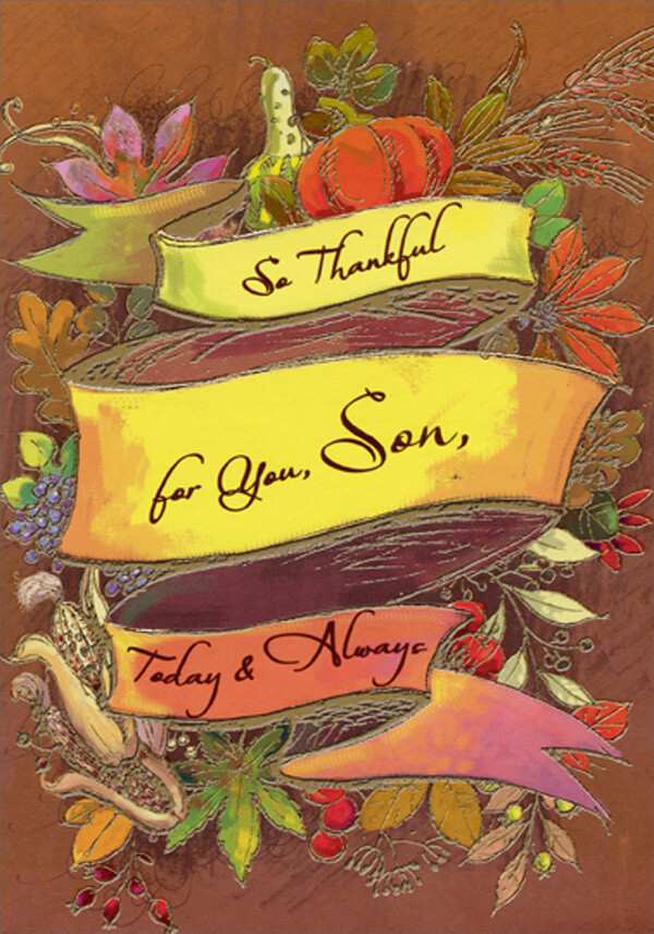 Yellow Banner Pumpkins Flowers Corn on Light Brown Thanksgiving Card for Son