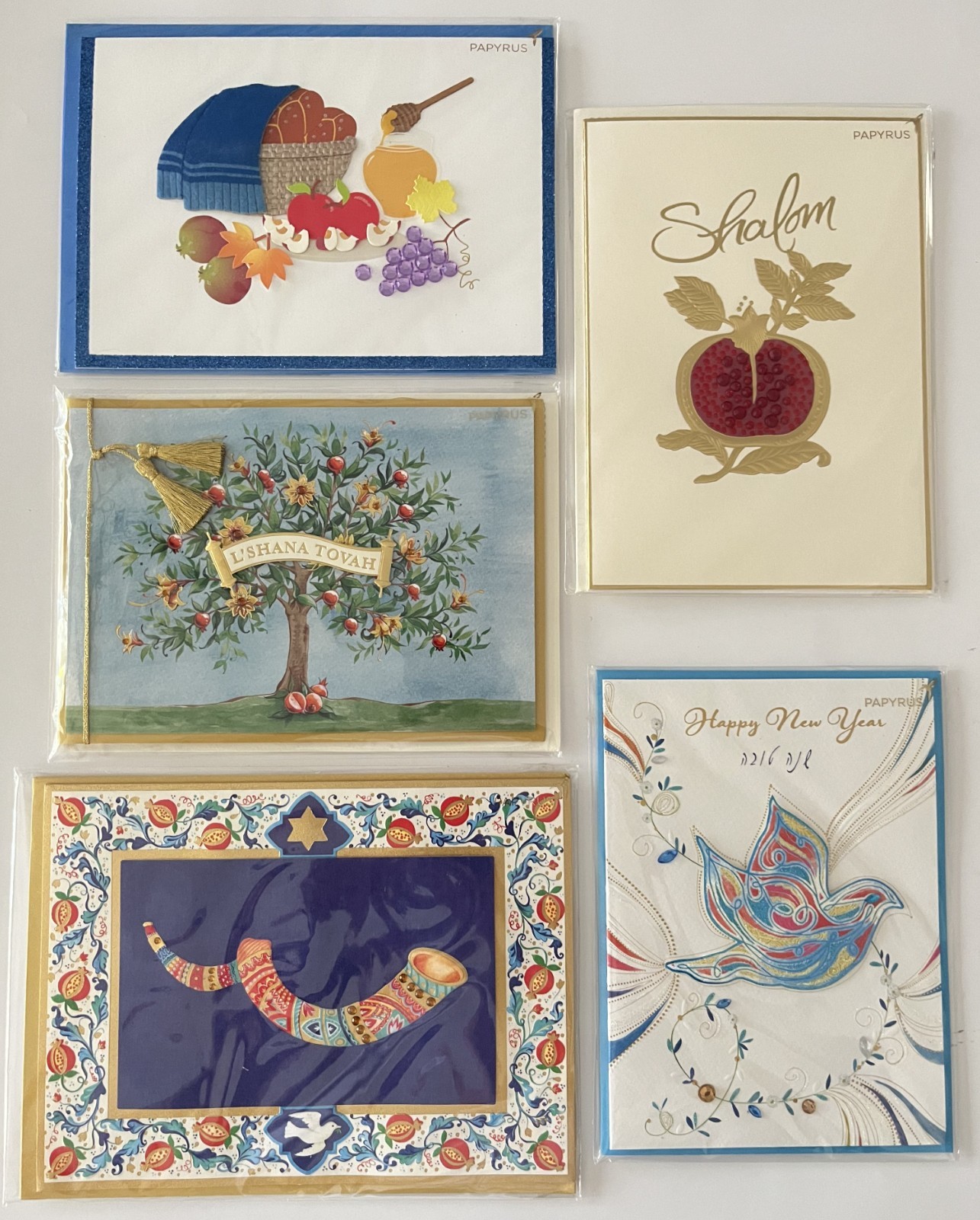 NEW LOT OF 5 PAPYRUS ROSH HASHANAH L’SHANA TOVA JEWISH NEW YEAR GREETING CARDS