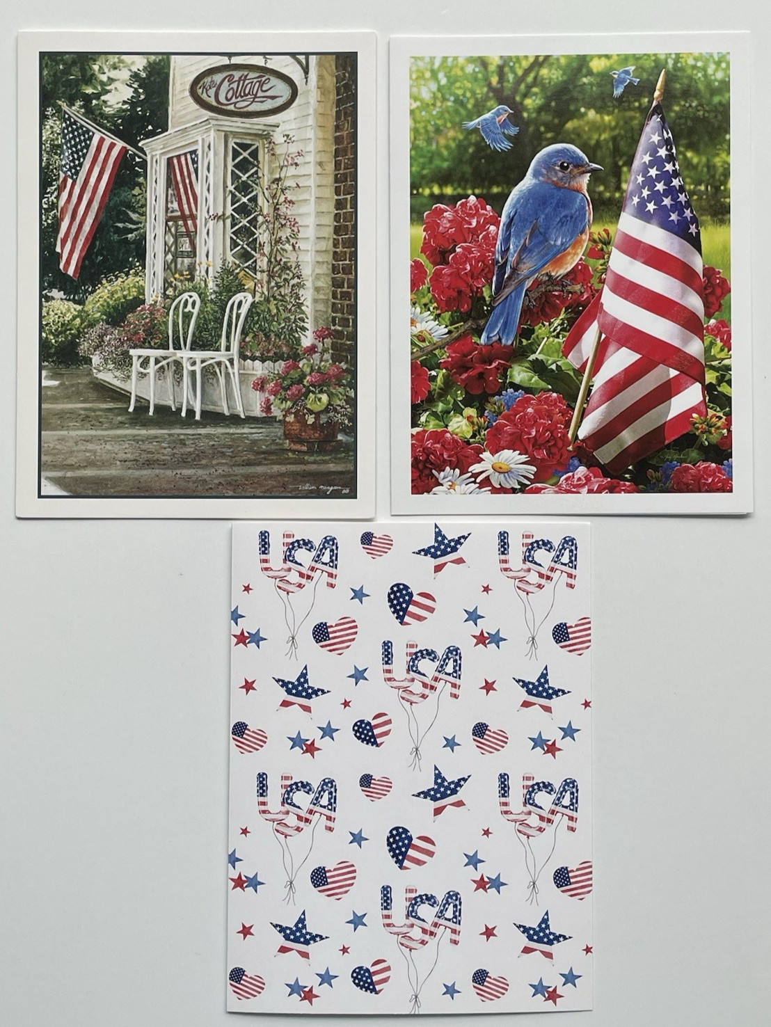 Lot of 3 Colorful Blank Note Cards w/Envelopes Patriotic USA Flag Bird