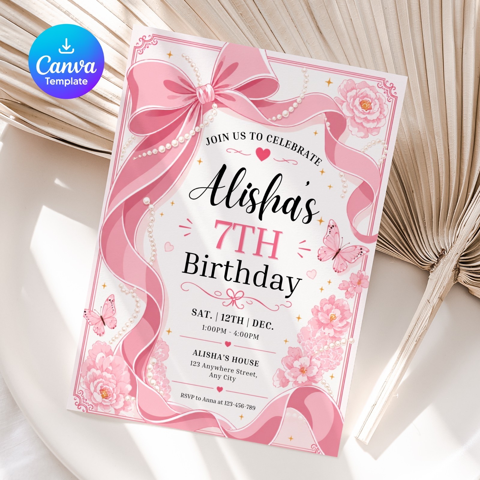 Pink Bow Birthday Invitation Editable Canva Template Butterfly Floral Invite
