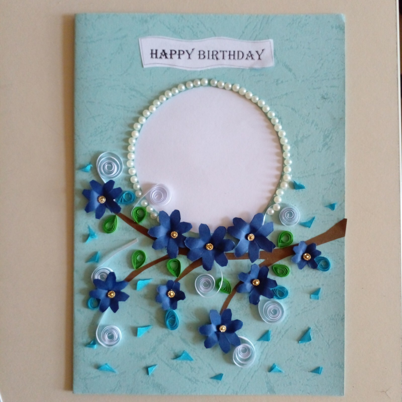 Sri Lanka B’day Card Handmade Paper Quilled Lovely Blue Flower With White Beads