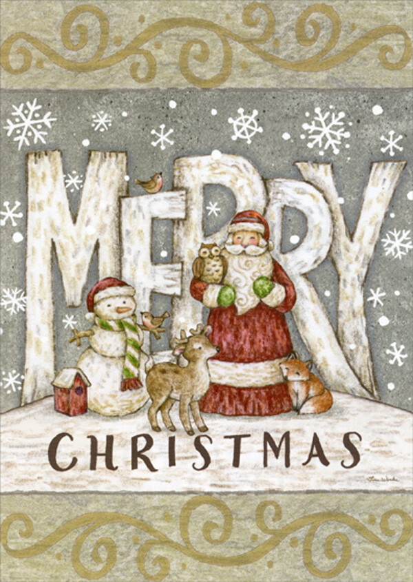 LPG Greetings Santa and Snowman with Owl Fox Deer and Bird Christmas Card