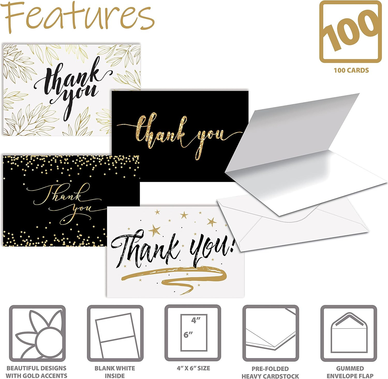 Thank You Cards with Envelopes (100 Pack), 4 X 6 Inch, 4 Cover Designs, Blank In