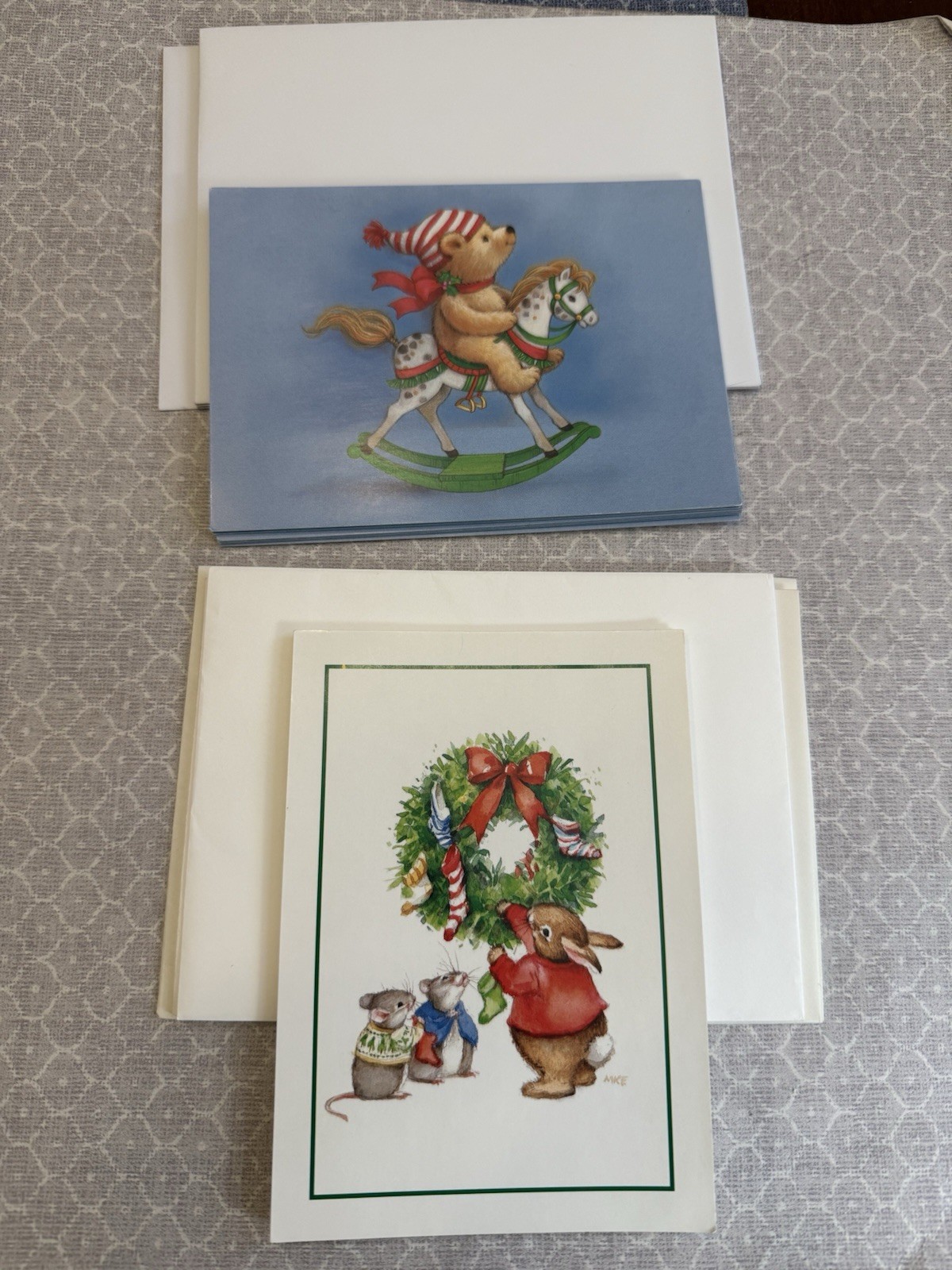 Vtg Paper Magic Group Christmas Cards 10 wEnvelopes, 2 Designs Bear, Bunny Mice