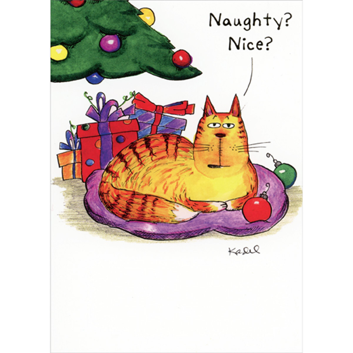 Naughty or Nice Cat on Purple Pillow Funny / Humorous Christmas Card from Cat