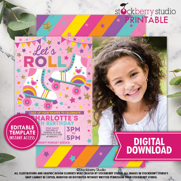 Rainbow Skate Birthday Party Photo Invitation Printed Girl Roller Skating Invite