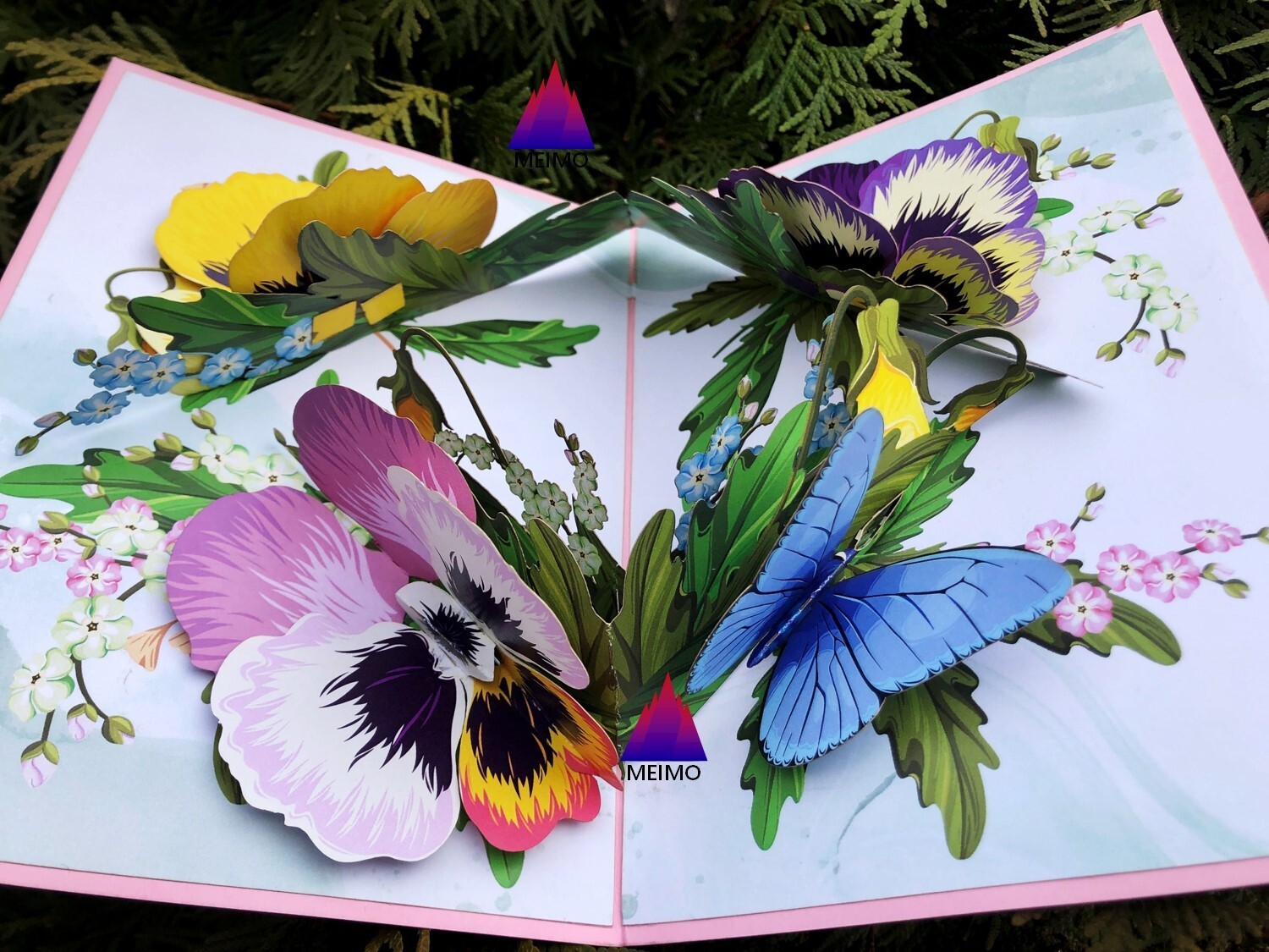 3D Pop Up Greeting Card Flower Floral Pansies Butterfly Birthday Mother Love