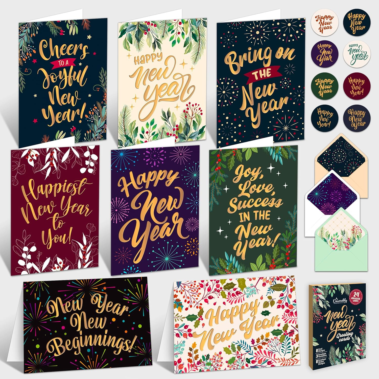 24 Pack Gold Foiled 6X4In Happy New Year Cards with Envelopes & Stickers, 8 Fold