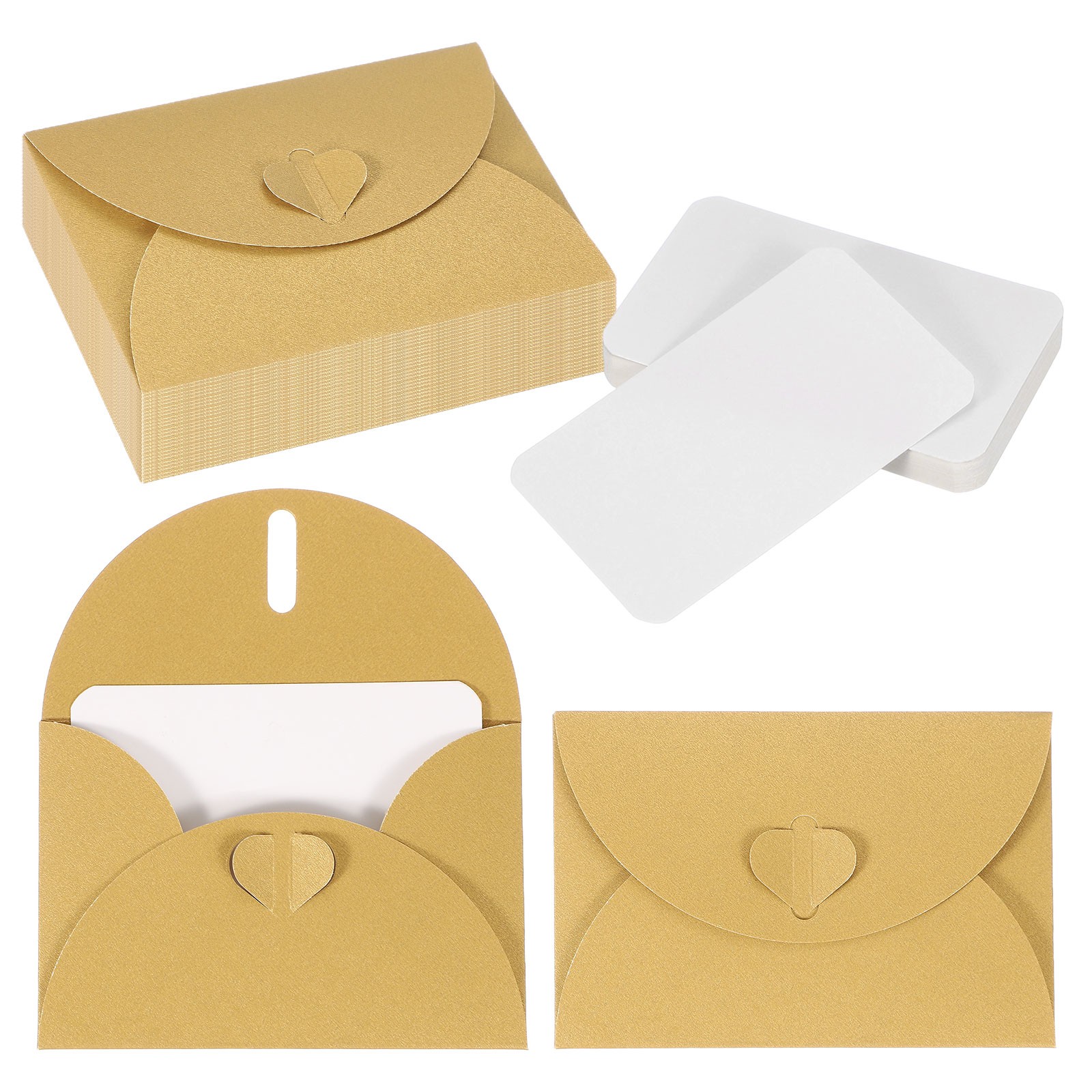 25 Set 4.1×3″ Mini Envelopes with Heart Clasp Blank Note Cards, Gold