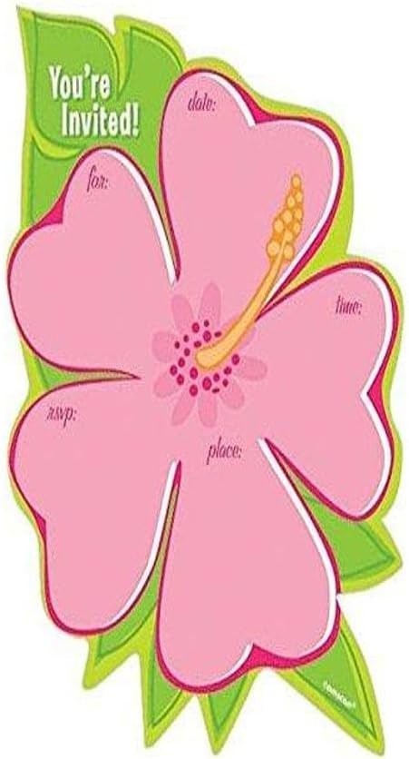 Amscan Tropical Flower Summer Party Invitation Card (50 Piece), Pink/Green, 5 5/