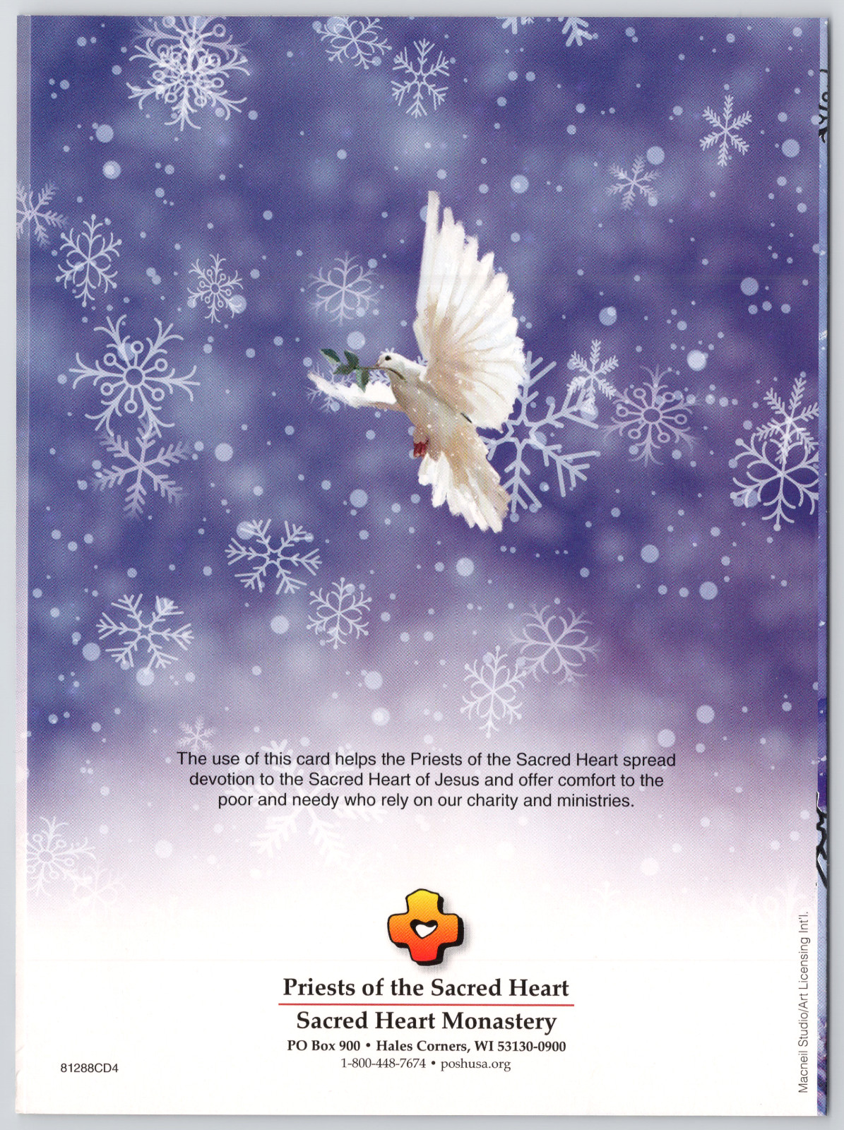 Greeting Card Sacred Heart Monastery Peace on Earth Dove Snowy Winter Scene