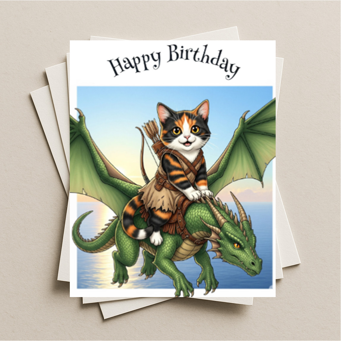 Birthday dragon Calico cat blank greeting card, note or gift card with envelope