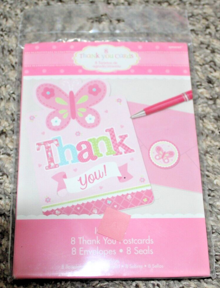 Thank You Cards Pink Butterfly Floral 8 Count Envelopes Seals