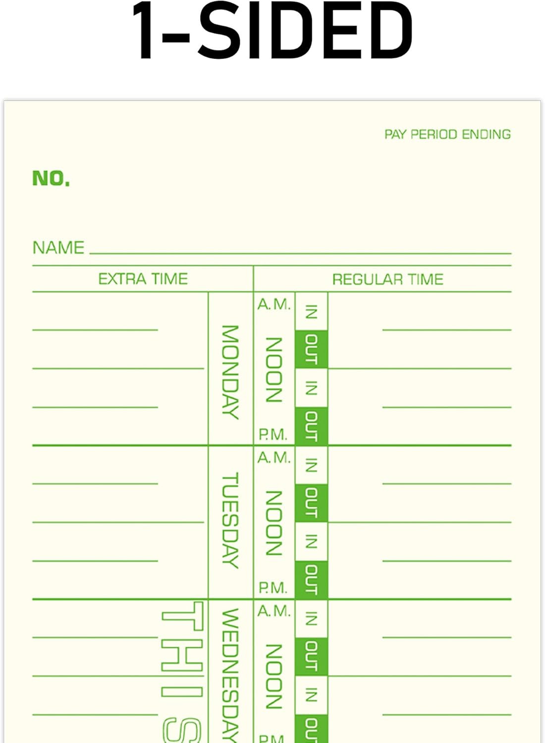 Weekly Time Cards 1 Sided 3-1 2″ x 9″ Named Days 500 Count Green Print
