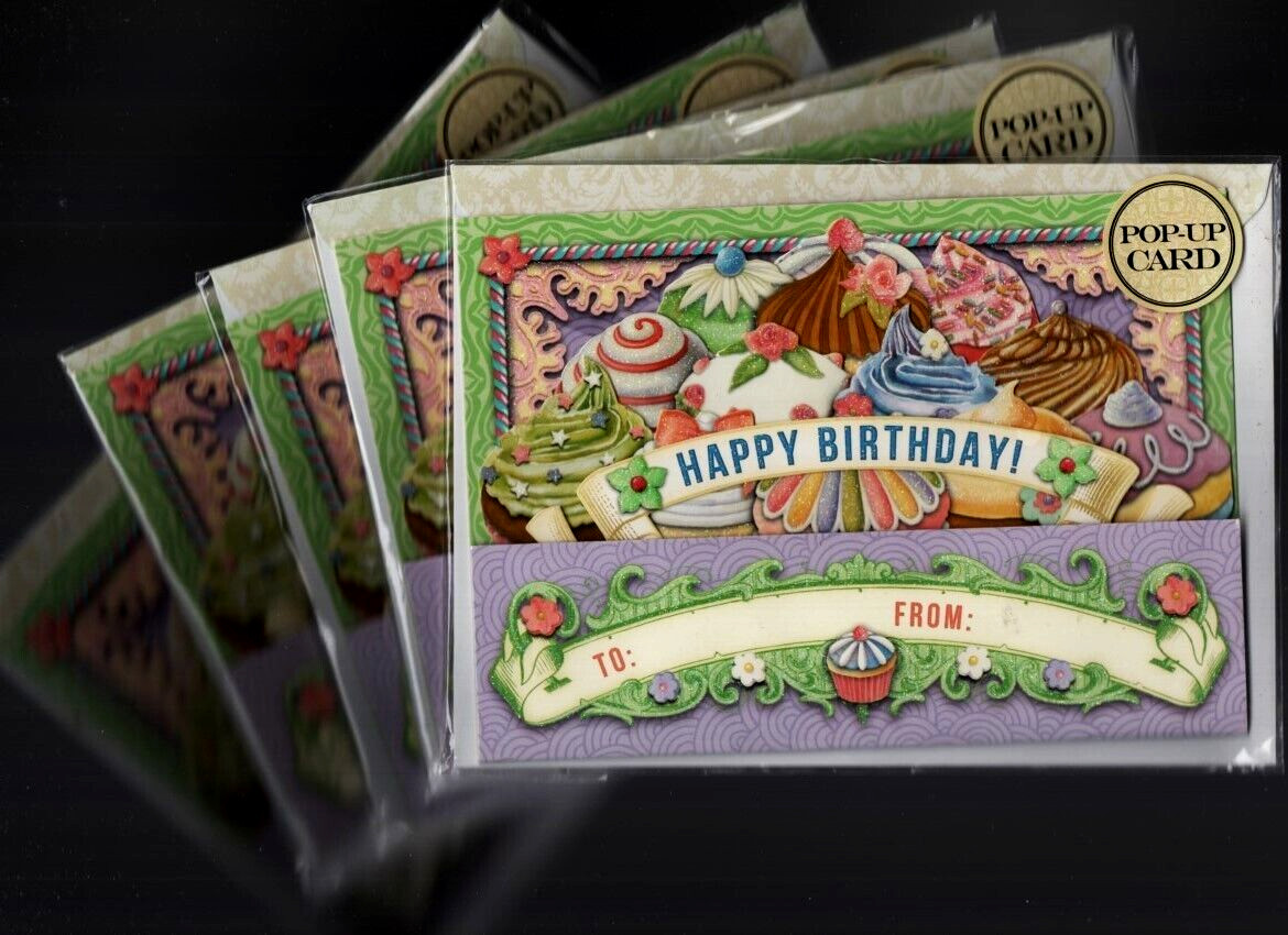 5 Punch Studio “Cupcakes” Pop-Up Birthday Cards in Original Cellophane Sleeves