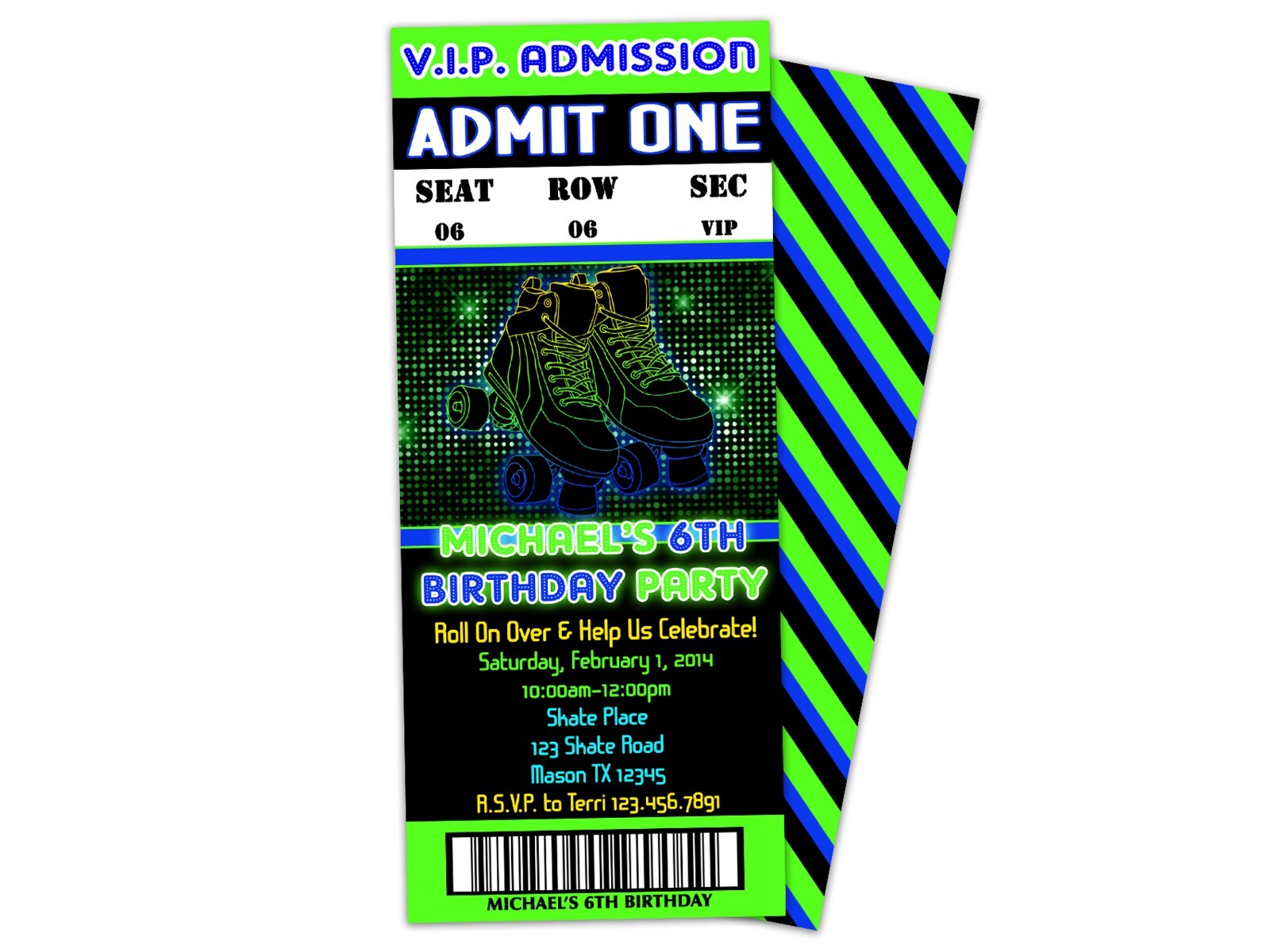 Boys Roller Skating Ticket Birthday Invitations Personalized 3×7″ Vip Pass
