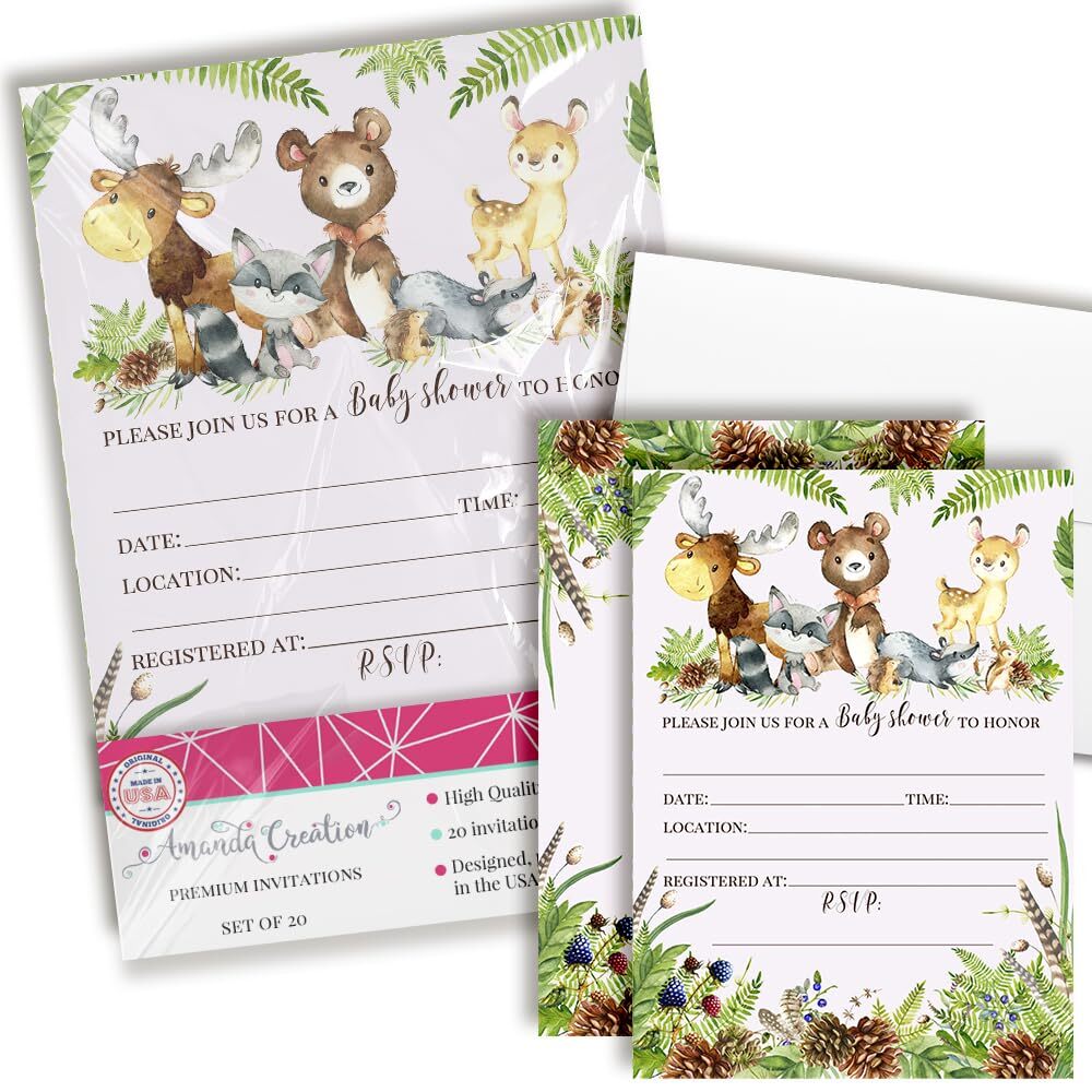 20PCS Woodland Forest Animals Baby Sprinkle Invitations 5×7 Cards Envelopes