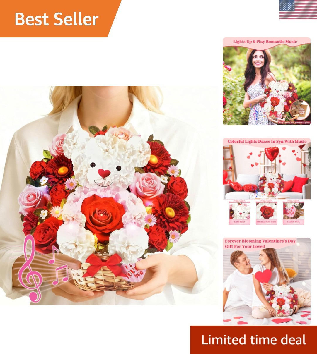 3D Musical Pop-Up Bear & Roses Card with Lights – Perfect for All Occasions