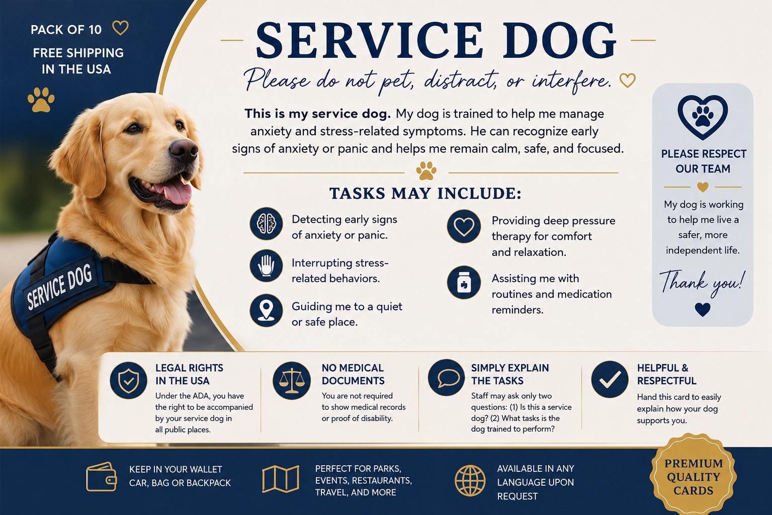USA Service Dog Information Cards (10 Pack) | Personalized Photo | FREE Shipping