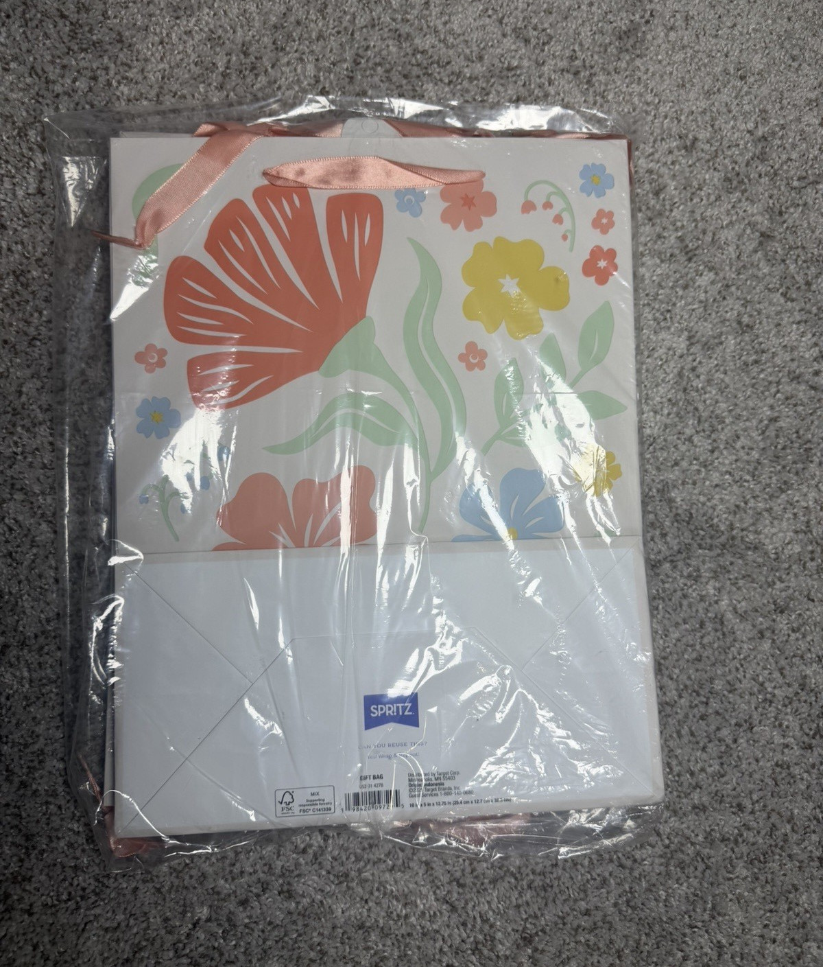 Spritz Floral Reusable Gift Bag w/ Ribbon Handle, Multicolor 10 x 12.75 in
