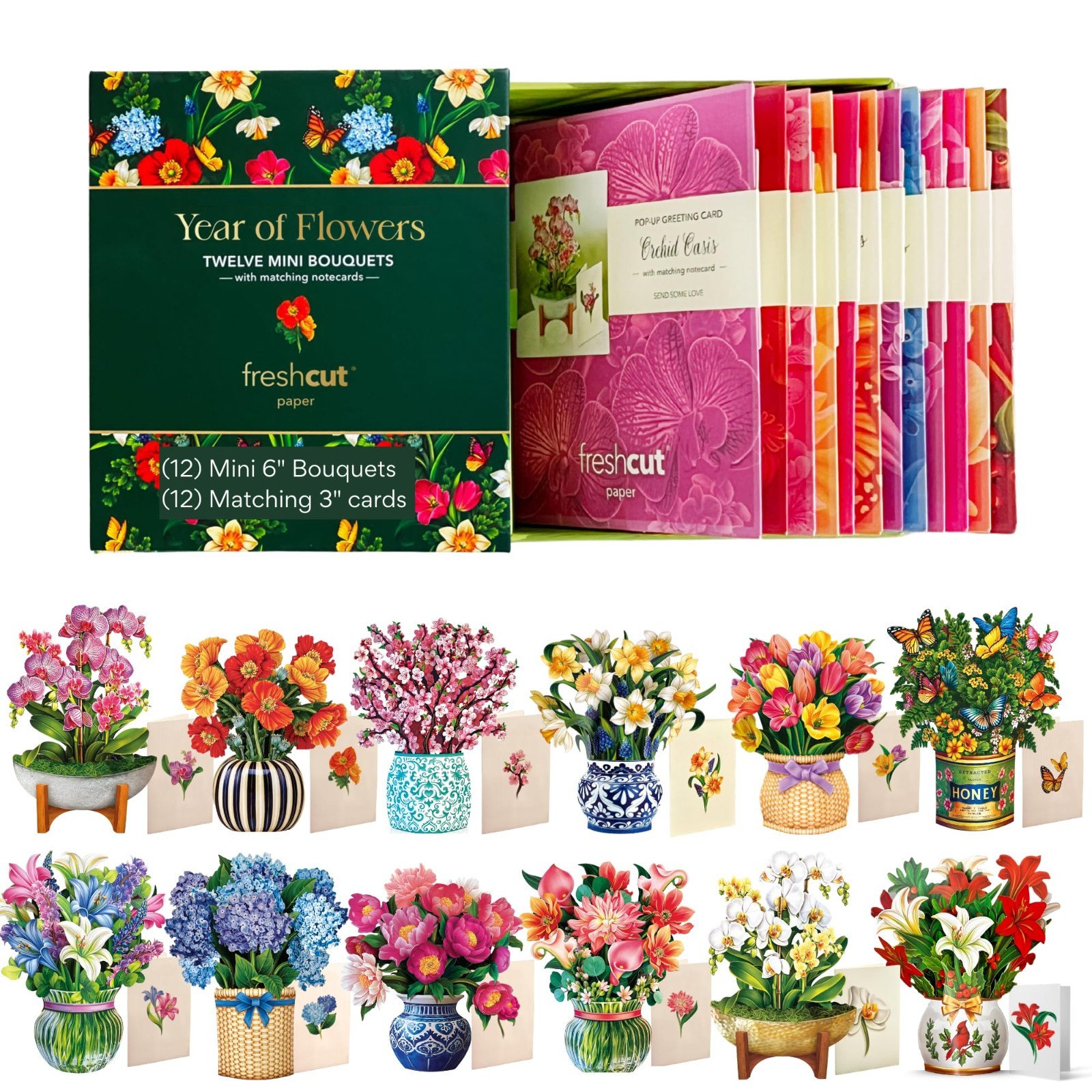 Mini Pop-Up Flower Greeting Cards – 6×6 Inch, 12 Assorted Floral Designs, Blank