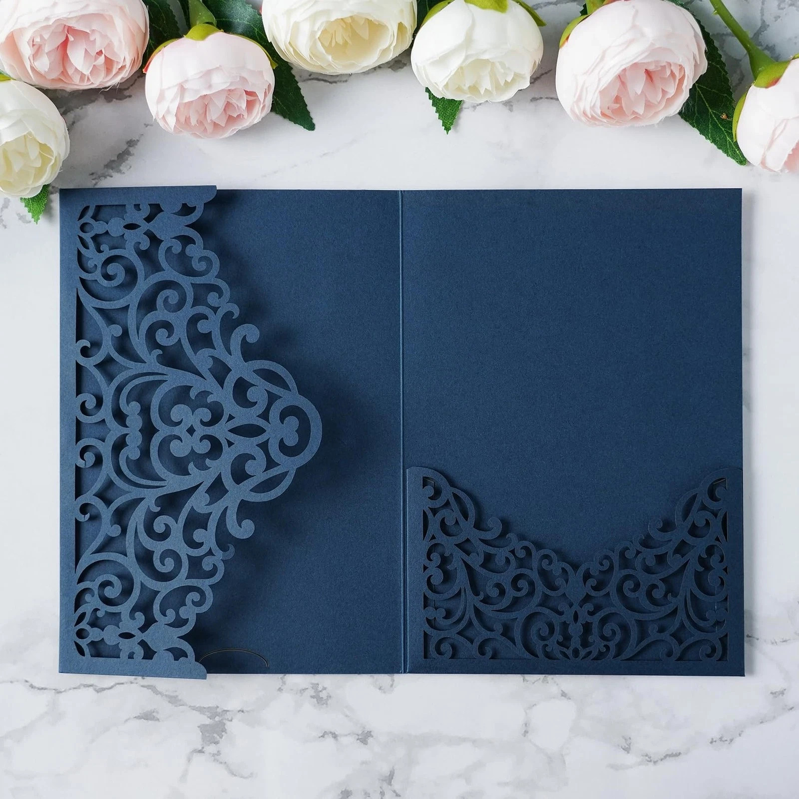 20PCS Navy Blue Laser Cut Wedding Invitations Pockets Tri-fold 5×7 Laser Cut …