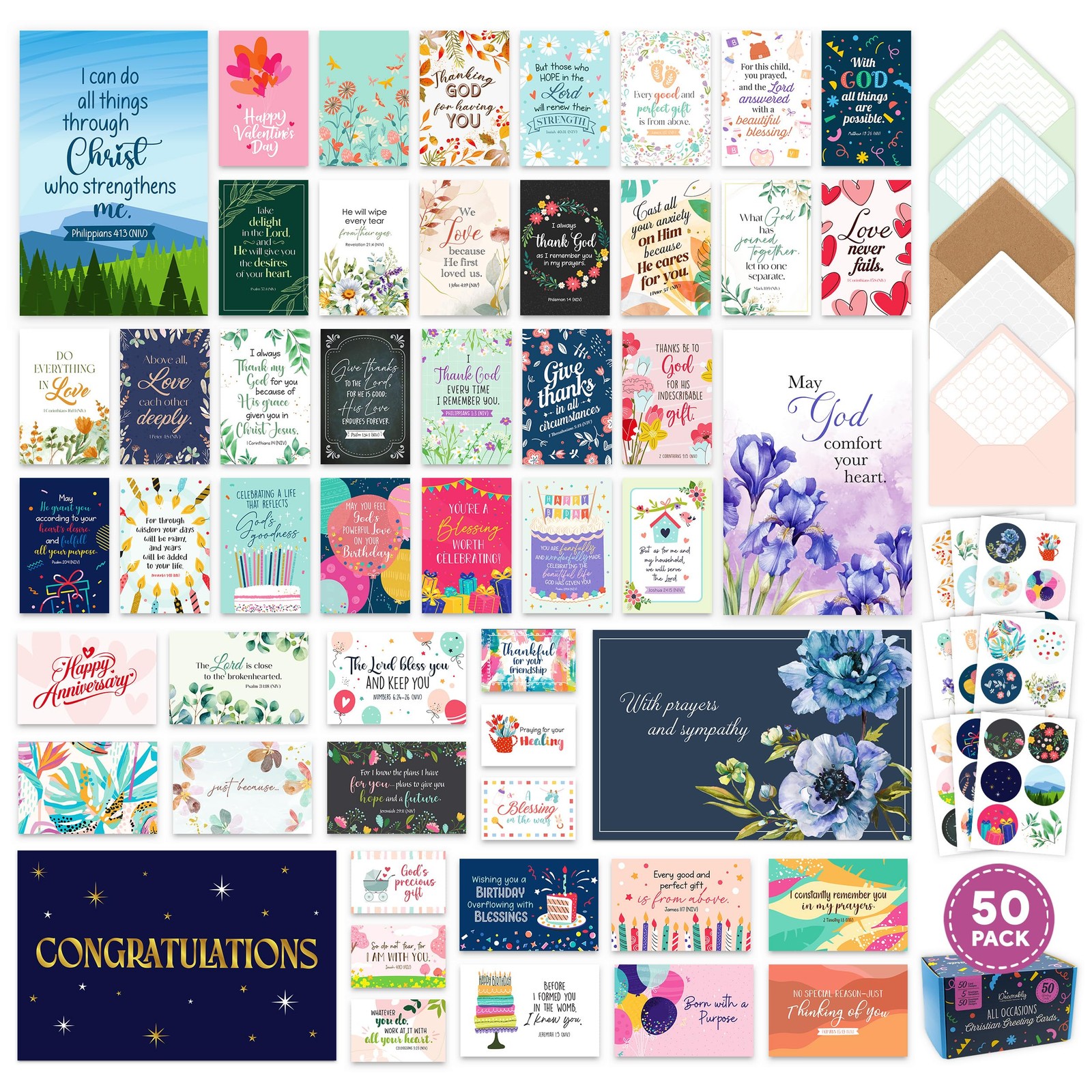 50 Pack 4x6in Christian Greeting Cards Assortment Box with Envelopes and Stic…