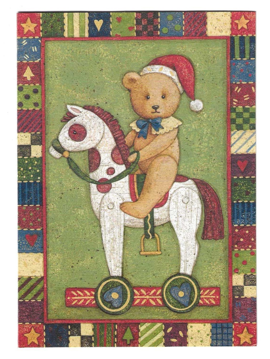 Teddy Bear on Rocking Horse Christmas Cards, Set of 18, Embossed, Country Plaid